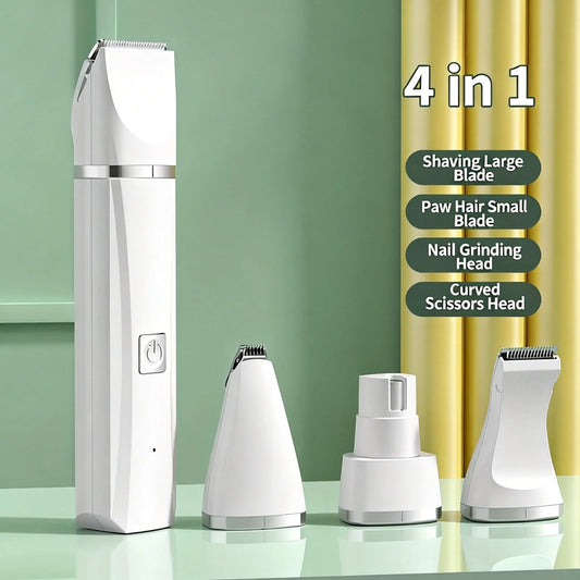 4-In-1 Pet Grooming Kit for Small Dogs Cats, Professional Quiet Rechargeable Hair Trimmer with 4 Interchangeable Heads, Low Noise Paw Nail Grinder Body Clipper
